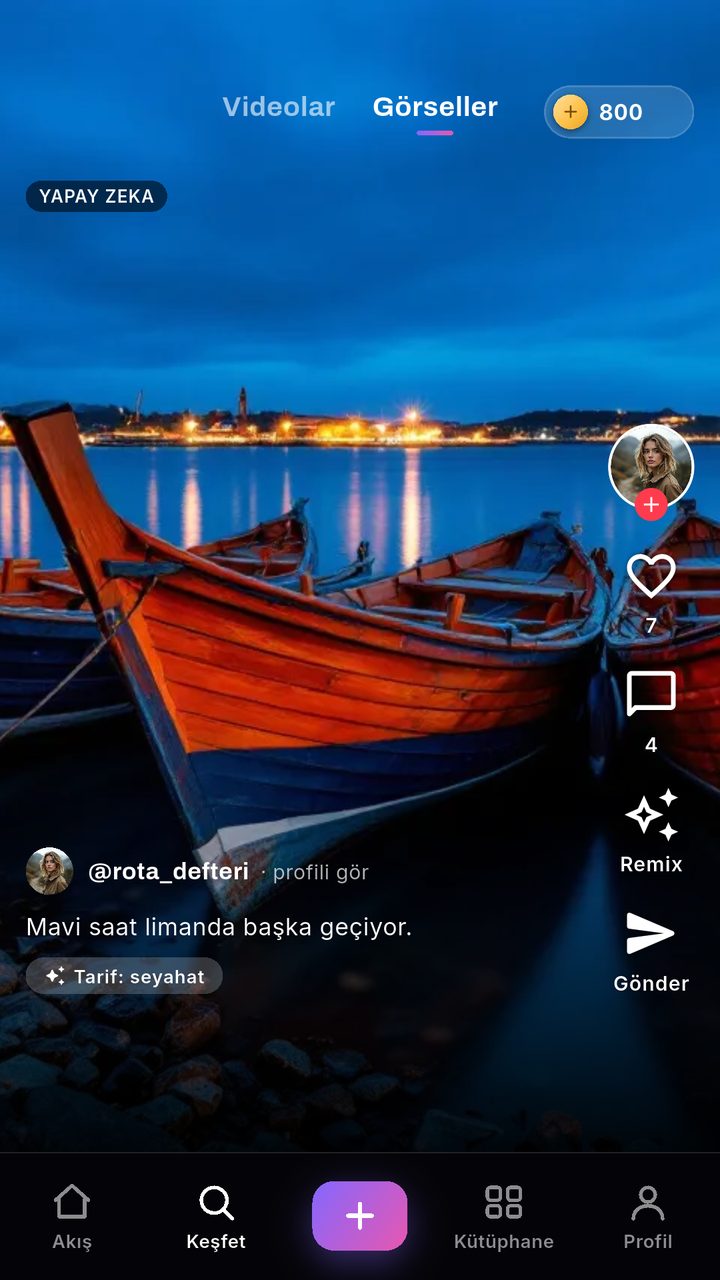 Explore images tab, full-screen with creator and caption